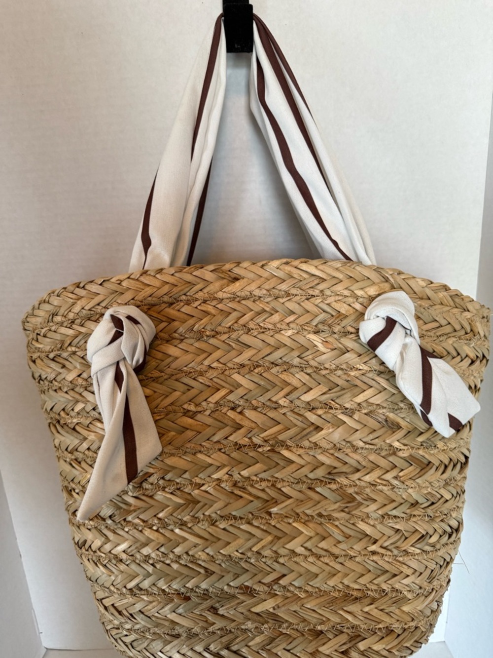 Woven Straw Tote with Cream & Brown Scarf Handles Beach or Pool Bag